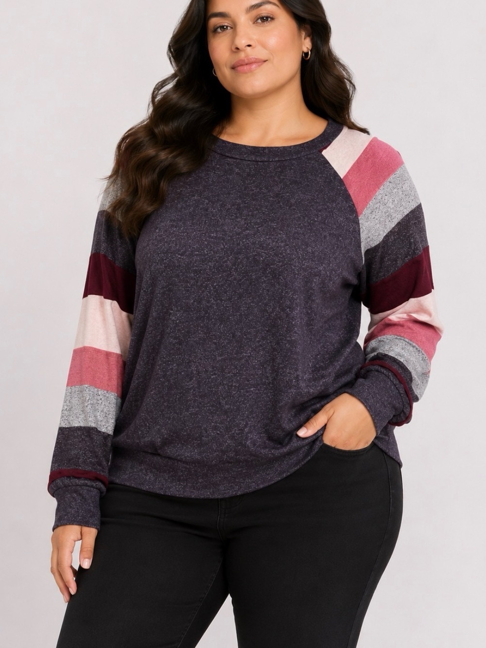 Market & Spruce Cozy Heathered Pullover Striped Raglan Sleeves - Plum/Pink SZ XL